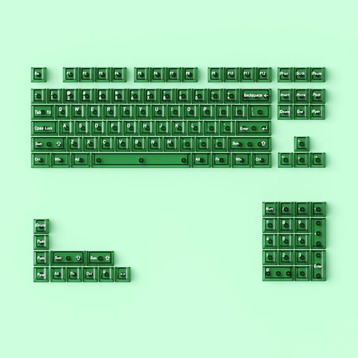 Комплект клавишни капачки за механични клавиатури – PBT dye-sub и PC pad печат; зелена ос; 115 клавиши; двуцветно инжекционно формоване; включва капачки и прозрачни кутии