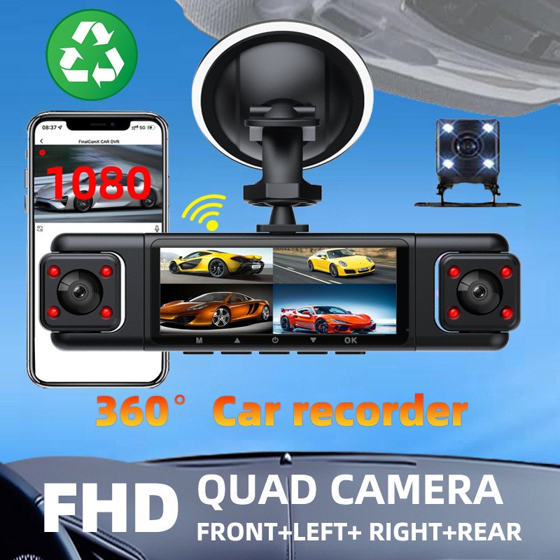 Automobilinis vaizdo registratorius su 360° aprėptimi, 4 objektyvai, Wi-Fi, infraraudonųjų spindulių naktinis matymas, 1080p