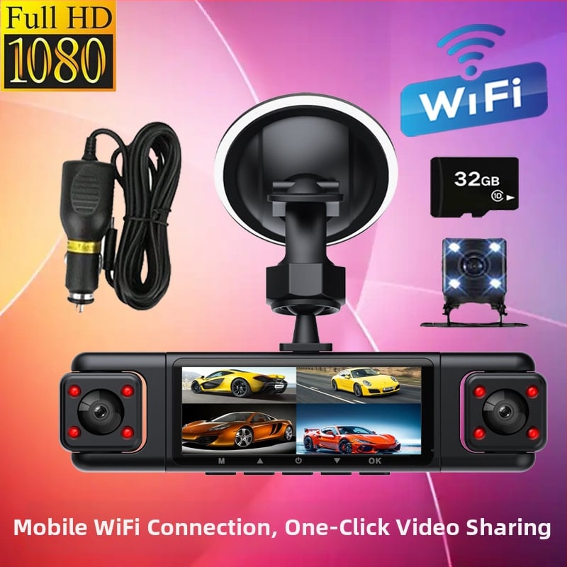 Automobilinis vaizdo registratorius su 360° aprėptimi, 4 objektyvai, Wi-Fi, infraraudonųjų spindulių naktinis matymas, 1080p