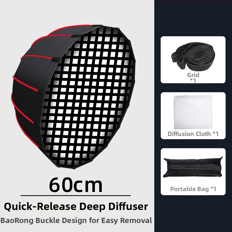 Gilus parabolinis softboxas su grotelėmis profesionaliai fotografijai – metalinis rėmas, atspindinti audinys, poliesteris