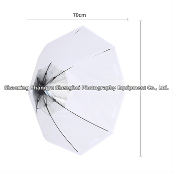 Fotografijos apšvietimo komplektas su skėtį primenančiu softbox ir greitu viengubos lempos galvos tvirtinimu; Modelis SHB-001; Medžiagos: Oxford krepšys; Komplektuose: softbox, minkšta audinys, krepšys; CE sertifikatas; Svoris 0.7 kg