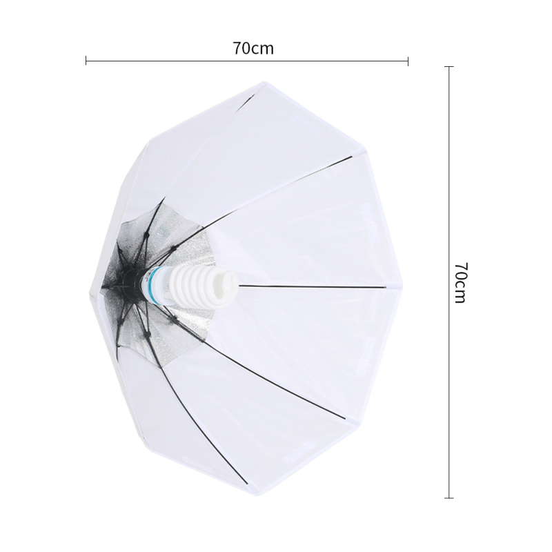 Fotografijos apšvietimo komplektas su skėtį primenančiu softbox ir greitu viengubos lempos galvos tvirtinimu; Modelis SHB-001; Medžiagos: Oxford krepšys; Komplektuose: softbox, minkšta audinys, krepšys; CE sertifikatas; Svoris 0.7 kg