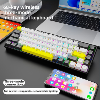 Механична клавиатура с безжична Bluetooth връзка, RGB подсветка, 68 клавиша, метално тяло (68 клавиша, безжична Bluetooth връзка, RGB подсветка, механични превключватели, метално тяло)