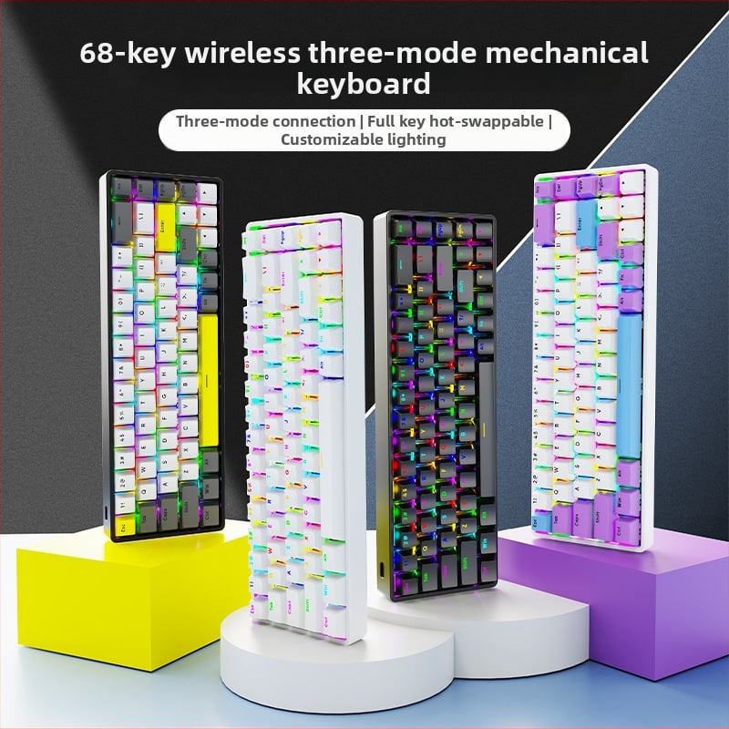 Механична клавиатура с безжична Bluetooth връзка, RGB подсветка, 68 клавиша, метално тяло (68 клавиша, безжична Bluetooth връзка, RGB подсветка, механични превключватели, метално тяло)