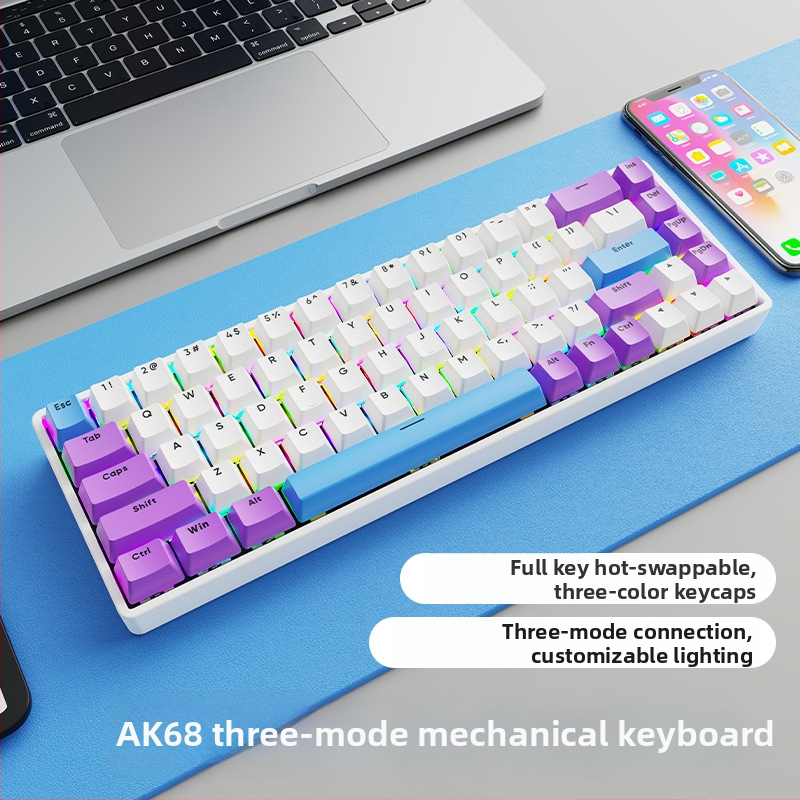 Механична клавиатура с безжична Bluetooth връзка, RGB подсветка, 68 клавиша, метално тяло (68 клавиша, безжична Bluetooth връзка, RGB подсветка, механични превключватели, метално тяло)