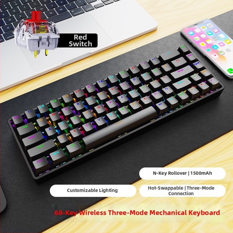 Механична клавиатура с безжична Bluetooth връзка, RGB подсветка, 68 клавиша, метално тяло (68 клавиша, безжична Bluetooth връзка, RGB подсветка, механични превключватели, метално тяло)
