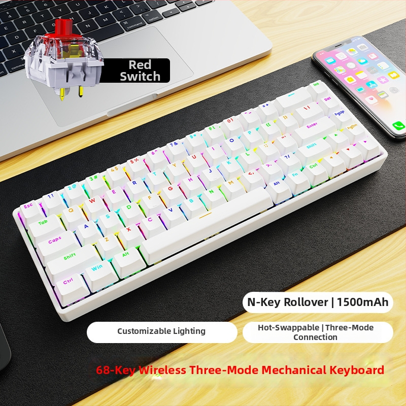 Механична клавиатура с безжична Bluetooth връзка, RGB подсветка, 68 клавиша, метално тяло (68 клавиша, безжична Bluetooth връзка, RGB подсветка, механични превключватели, метално тяло)
