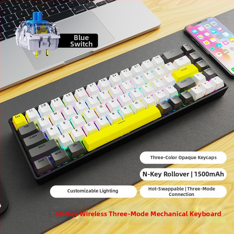 Механична клавиатура с безжична Bluetooth връзка, RGB подсветка, 68 клавиша, метално тяло (68 клавиша, безжична Bluetooth връзка, RGB подсветка, механични превключватели, метално тяло)