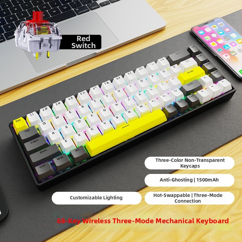 Механична клавиатура с безжична Bluetooth връзка, RGB подсветка, 68 клавиша, метално тяло (68 клавиша, безжична Bluetooth връзка, RGB подсветка, механични превключватели, метално тяло)