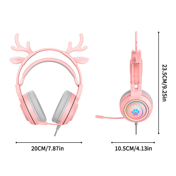 Headset de gaming pentru PC, design cu urechi de pisică și de cerb, iluminare RGB, difuzoare de 50 mm, conector 3,5 mm, cablu împletit de 2 m, microfon