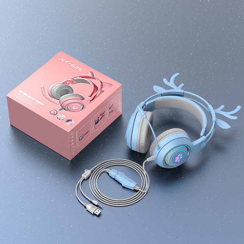 Headset de gaming pentru PC, design cu urechi de pisică și de cerb, iluminare RGB, difuzoare de 50 mm, conector 3,5 mm, cablu împletit de 2 m, microfon