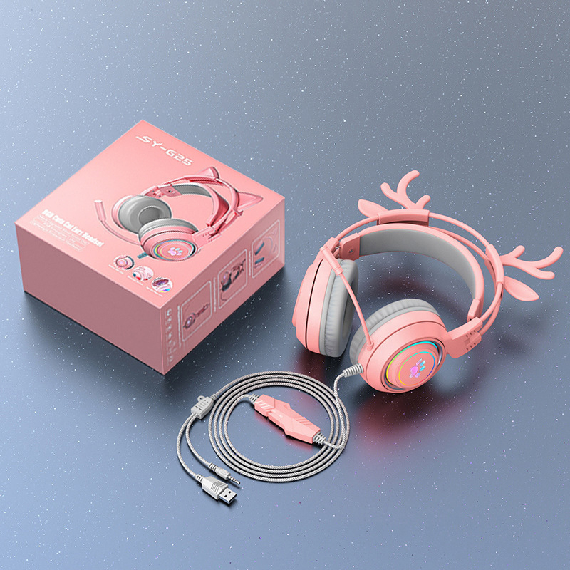 Headset de gaming pentru PC, design cu urechi de pisică și de cerb, iluminare RGB, difuzoare de 50 mm, conector 3,5 mm, cablu împletit de 2 m, microfon