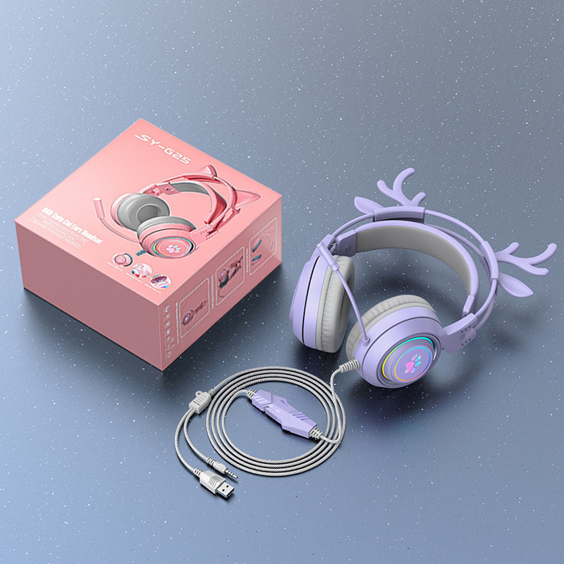 Headset de gaming pentru PC, design cu urechi de pisică și de cerb, iluminare RGB, difuzoare de 50 mm, conector 3,5 mm, cablu împletit de 2 m, microfon