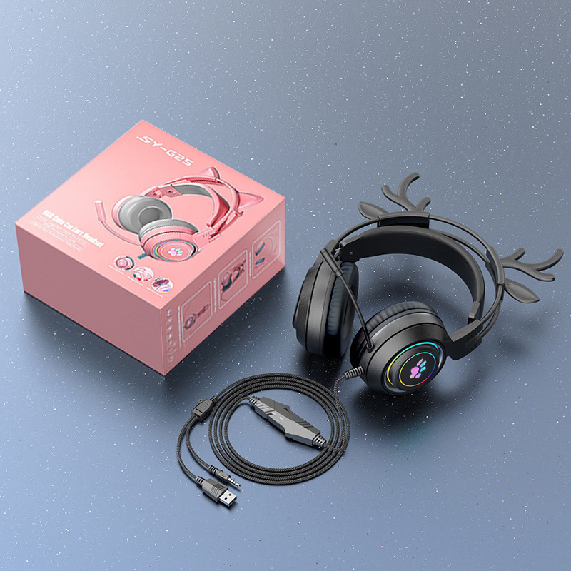 Headset de gaming pentru PC, design cu urechi de pisică și de cerb, iluminare RGB, difuzoare de 50 mm, conector 3,5 mm, cablu împletit de 2 m, microfon