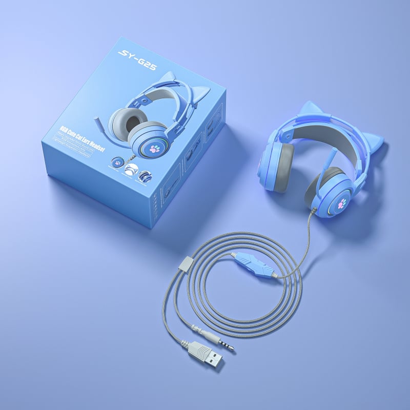 Headset de gaming pentru PC, design cu urechi de pisică și de cerb, iluminare RGB, difuzoare de 50 mm, conector 3,5 mm, cablu împletit de 2 m, microfon