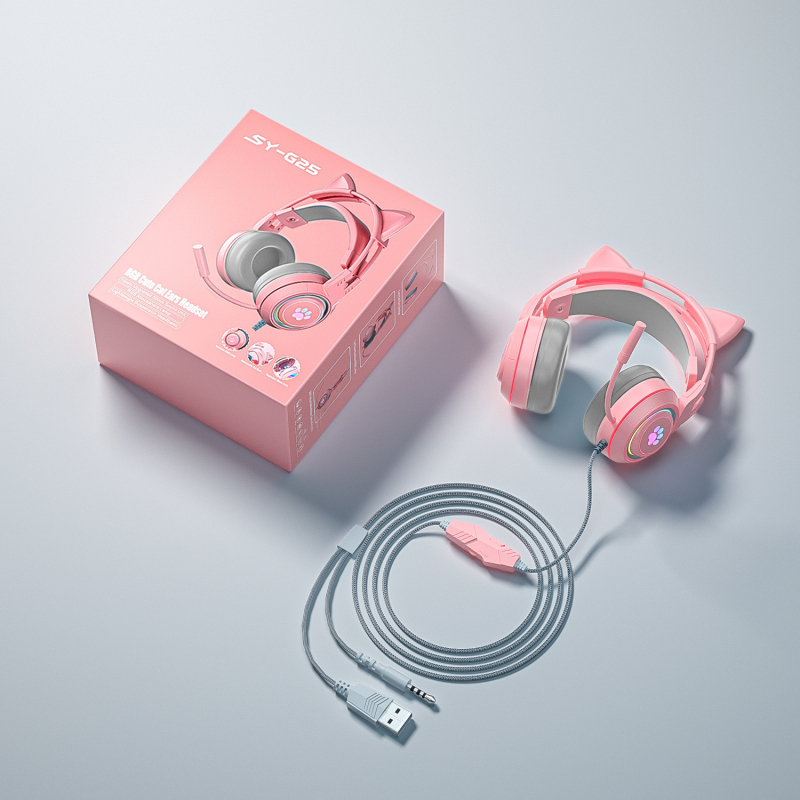 Headset de gaming pentru PC, design cu urechi de pisică și de cerb, iluminare RGB, difuzoare de 50 mm, conector 3,5 mm, cablu împletit de 2 m, microfon