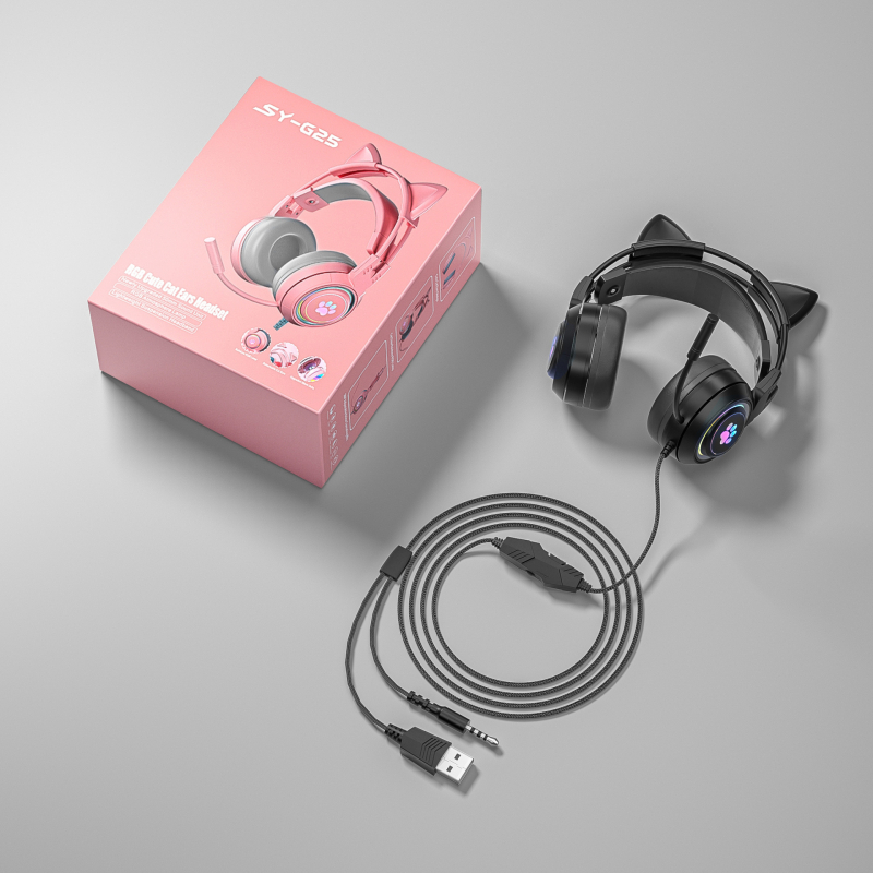 Headset de gaming pentru PC, design cu urechi de pisică și de cerb, iluminare RGB, difuzoare de 50 mm, conector 3,5 mm, cablu împletit de 2 m, microfon