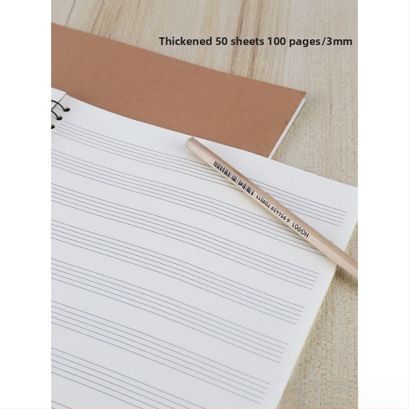 Penkių linijų natos užrašų sąsiuvinis su laisvomis lapomis, didelis rašymo plotas fortepijono partitūroms ir muzikos teorijai, studentams (40 g/m² popierius, iki 50 puslapių)