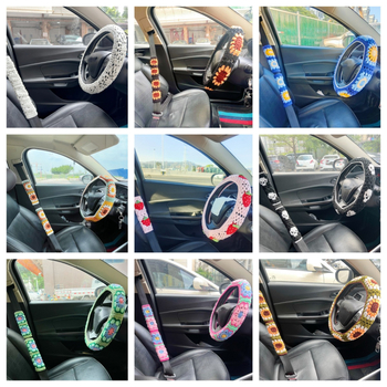 Ručni pleteni navlaka volana s cvjetnim uzorkom i navlaka za sigurnosni pojas, vunena površina, protivklizna, promjer 40 cm, pogodna za sve sezone