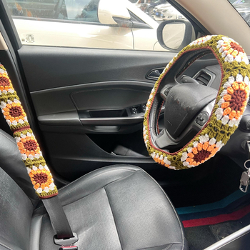 Ručni pleteni navlaka volana s cvjetnim uzorkom i navlaka za sigurnosni pojas, vunena površina, protivklizna, promjer 40 cm, pogodna za sve sezone