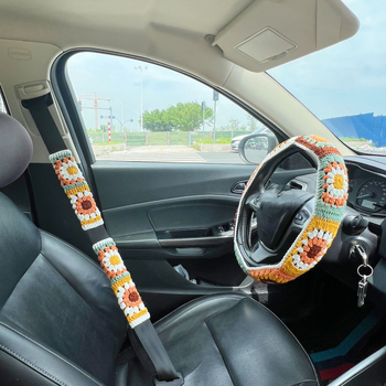 Ručni pleteni navlaka volana s cvjetnim uzorkom i navlaka za sigurnosni pojas, vunena površina, protivklizna, promjer 40 cm, pogodna za sve sezone