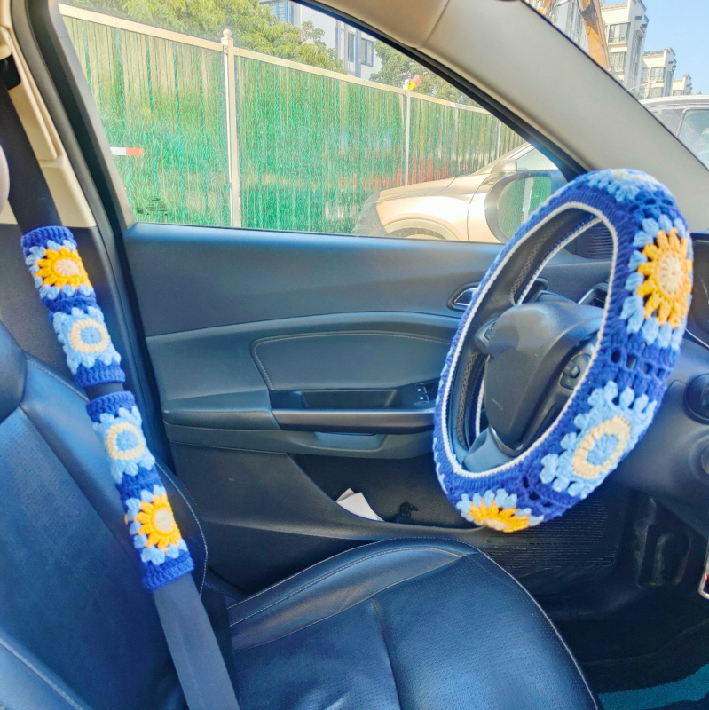 Ručni pleteni navlaka volana s cvjetnim uzorkom i navlaka za sigurnosni pojas, vunena površina, protivklizna, promjer 40 cm, pogodna za sve sezone