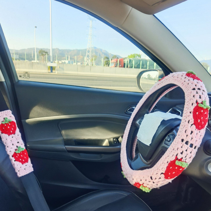 Ručni pleteni navlaka volana s cvjetnim uzorkom i navlaka za sigurnosni pojas, vunena površina, protivklizna, promjer 40 cm, pogodna za sve sezone