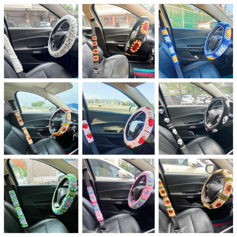 Ručni pleteni navlaka volana s cvjetnim uzorkom i navlaka za sigurnosni pojas, vunena površina, protivklizna, promjer 40 cm, pogodna za sve sezone