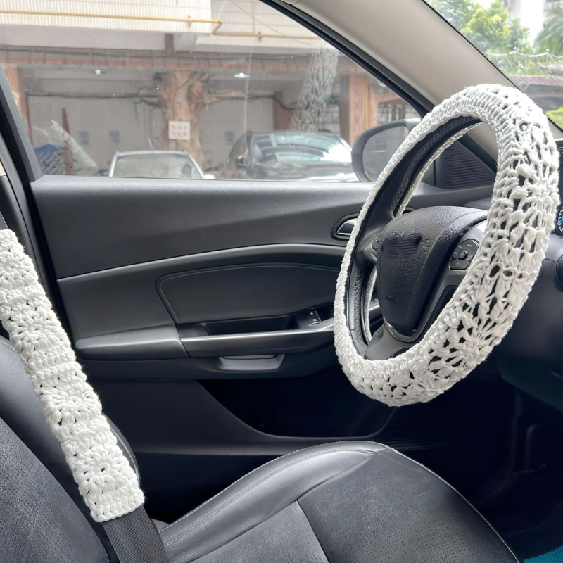 Ručni pleteni navlaka volana s cvjetnim uzorkom i navlaka za sigurnosni pojas, vunena površina, protivklizna, promjer 40 cm, pogodna za sve sezone