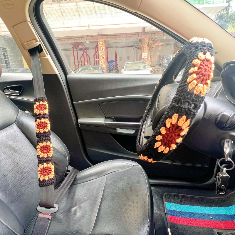 Ručni pleteni navlaka volana s cvjetnim uzorkom i navlaka za sigurnosni pojas, vunena površina, protivklizna, promjer 40 cm, pogodna za sve sezone