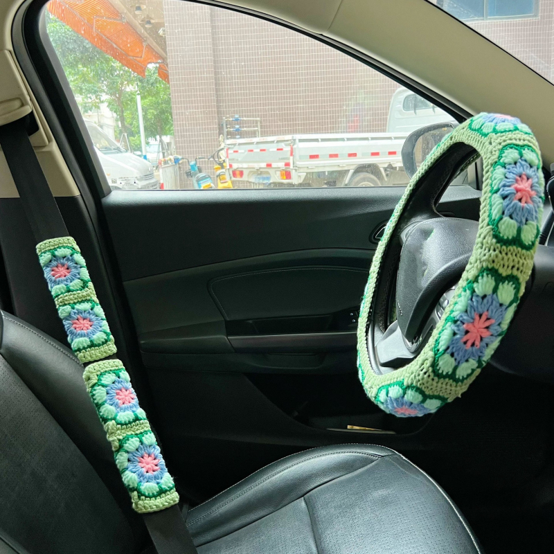 Ručni pleteni navlaka volana s cvjetnim uzorkom i navlaka za sigurnosni pojas, vunena površina, protivklizna, promjer 40 cm, pogodna za sve sezone