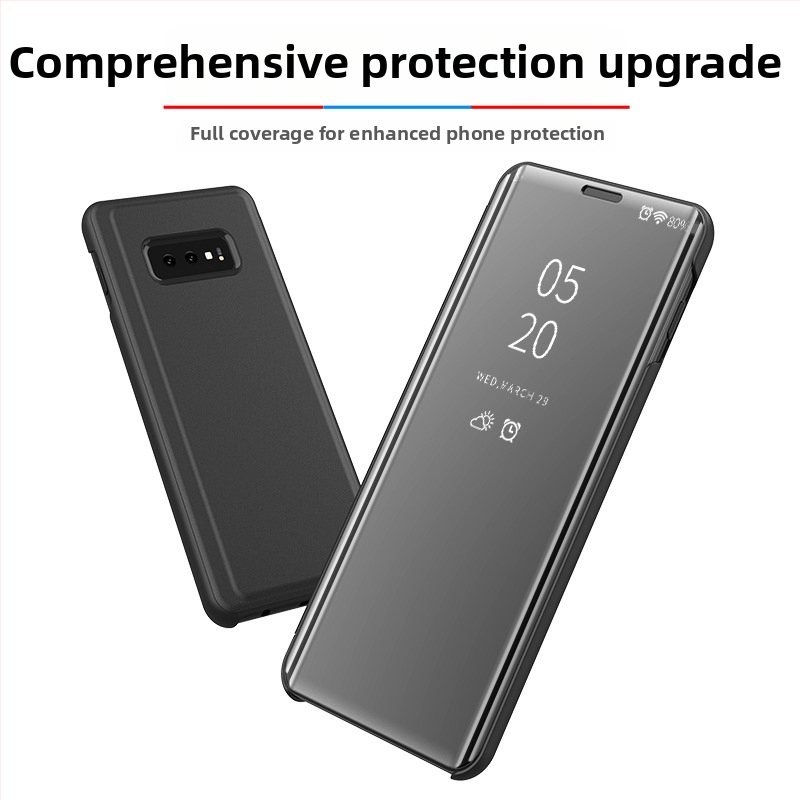 Ādas telefona vāciņš ar vertikālu spoguli — PC elektroplating + PU āda, vakuuma pārklājums, pielāgojams, biznesa/stila lux stils