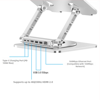 Alumīnija sakausējuma klēpjdatora statīvs, 360° rotācija, saliekams, magnētisks tālruņa turētājs un HUB