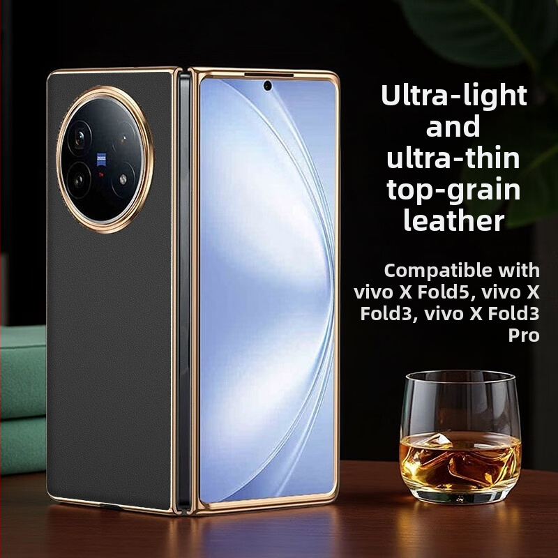 Vivo X Fold 5 aizsargkorpuss no īstas ādas ar elektroplatinga apdari, pielāgojams, izturīgs pret nolietojumu, kritieniem un pirkstu nospiedumiem