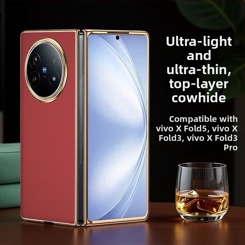 Vivo X Fold 5 aizsargkorpuss no īstas ādas ar elektroplatinga apdari, pielāgojams, izturīgs pret nolietojumu, kritieniem un pirkstu nospiedumiem