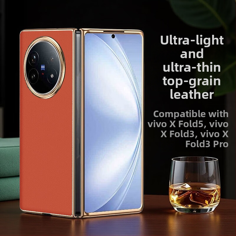 Vivo X Fold 5 aizsargkorpuss no īstas ādas ar elektroplatinga apdari, pielāgojams, izturīgs pret nolietojumu, kritieniem un pirkstu nospiedumiem