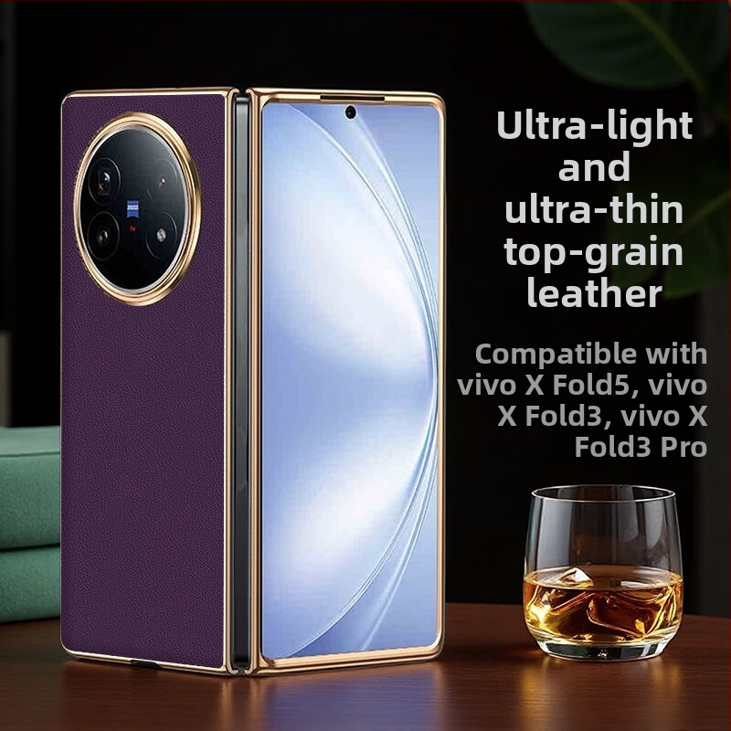 Vivo X Fold 5 aizsargkorpuss no īstas ādas ar elektroplatinga apdari, pielāgojams, izturīgs pret nolietojumu, kritieniem un pirkstu nospiedumiem