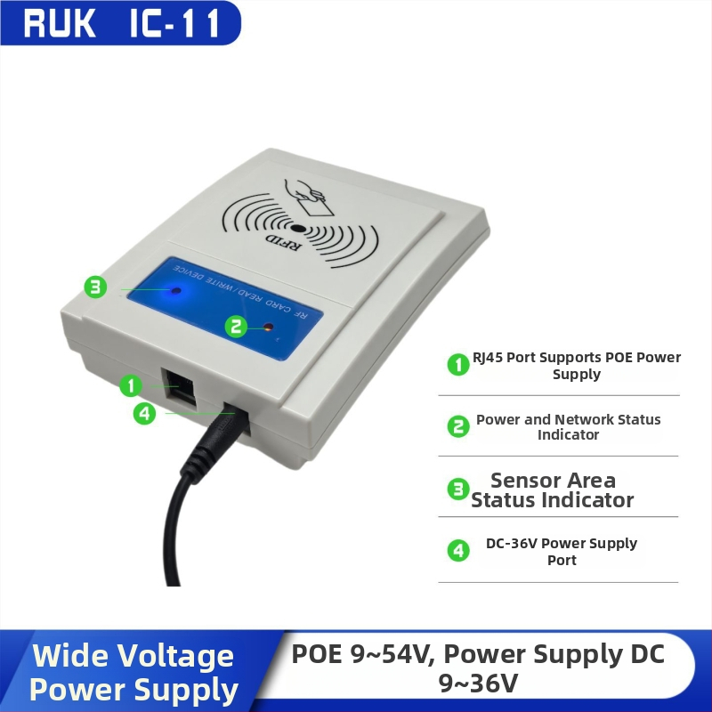 IC-11 Bezkontaktný čítač IC kariet, 13,56 MHz, čitateľný čas 0,08 s, napájanie PoE alebo DC 9–54 V, protokoly UDP/TCP/HTTP/MQTT