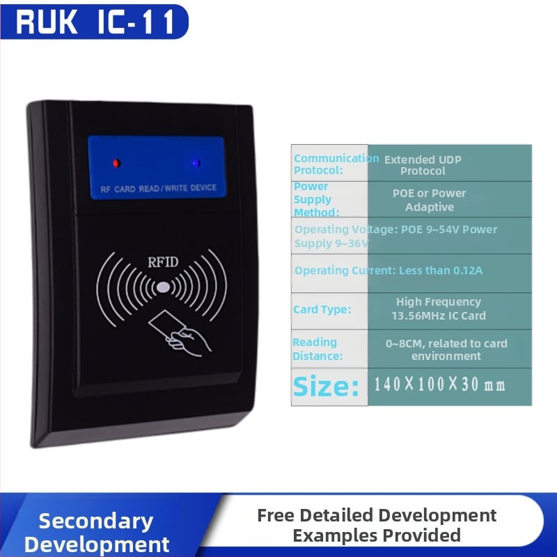 IC-11 Bezkontaktni čitač IC kartica, 13,56 MHz, vrijeme čitanja 0,08 s, napajanje PoE ili DC 9–54 V, protokoli UDP/TCP/HTTP/MQTT