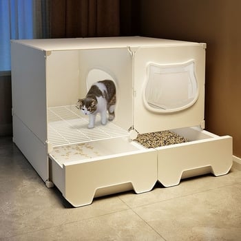 Шкаф за котешка тоалетна, коридорен тип против разпръскване на пясък, полузакрита конструкция, PVC материал