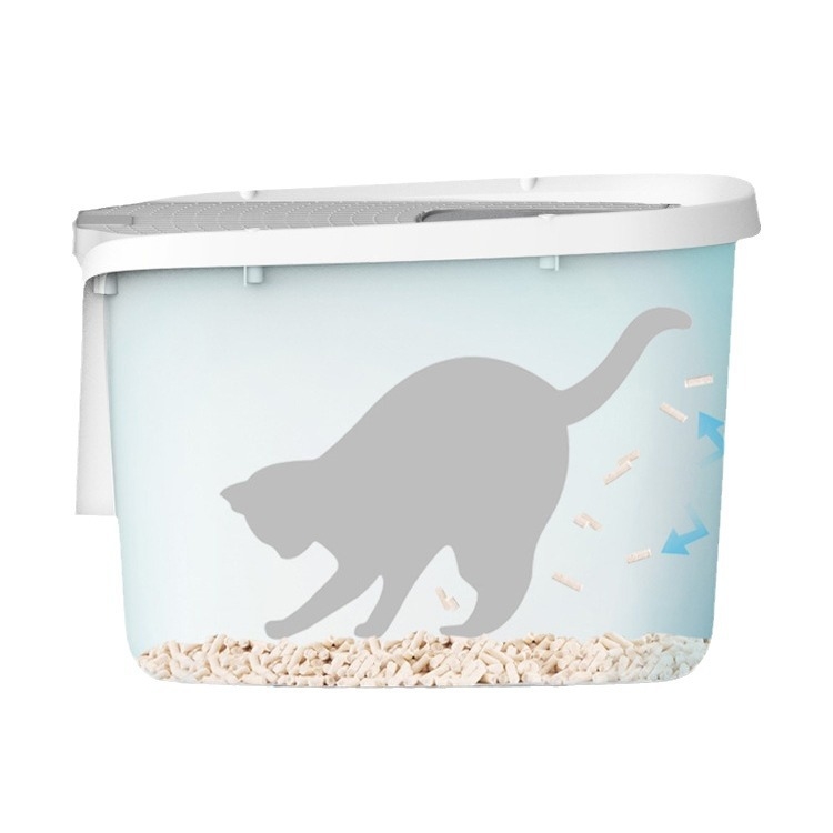 Пълно затворена котешка тоалетна с горно влизане; против разпръскване, против миризма, без протичане; PVC конструкция