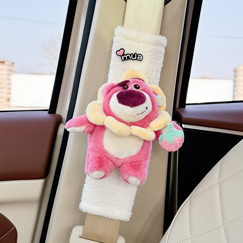 Κάλυμμα ώμου ζώνης ασφαλείας αυτοκινήτου, με σχέδιο αρκουδάκι φράουλα, βελούδινο υλικό, μοντέλο 2024, για γυναίκες