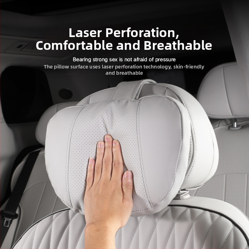 Auto galvas un kakla spilvens ar atmiņas putām, perforēta elpojoša pārklājuma no Nappa ādas, universāla pielietojums, muguras daļas atbalsts, iespēja pielāgot logotipu
