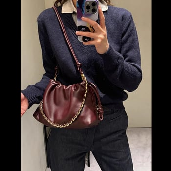 Torba za ramena s dizajnom oblaka, prirodna koža, prvi sloj kože, zatvaranje šnrom, pravokutni oblik