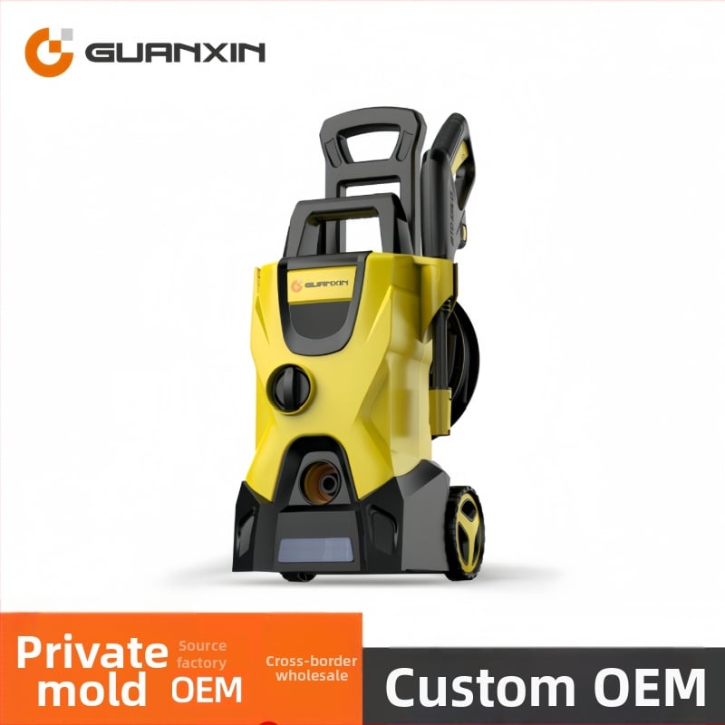 Вертикална 220V автомобилна водоструйка с 1800W, PP корпус, AC мотор, макс. налягане 65 bar, дебит 4-8 л/мин, с четка за промиване