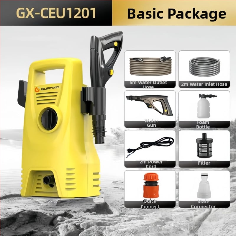 Вертикална 220V автомобилна водоструйка с 1800W, PP корпус, AC мотор, макс. налягане 65 bar, дебит 4-8 л/мин, с четка за промиване