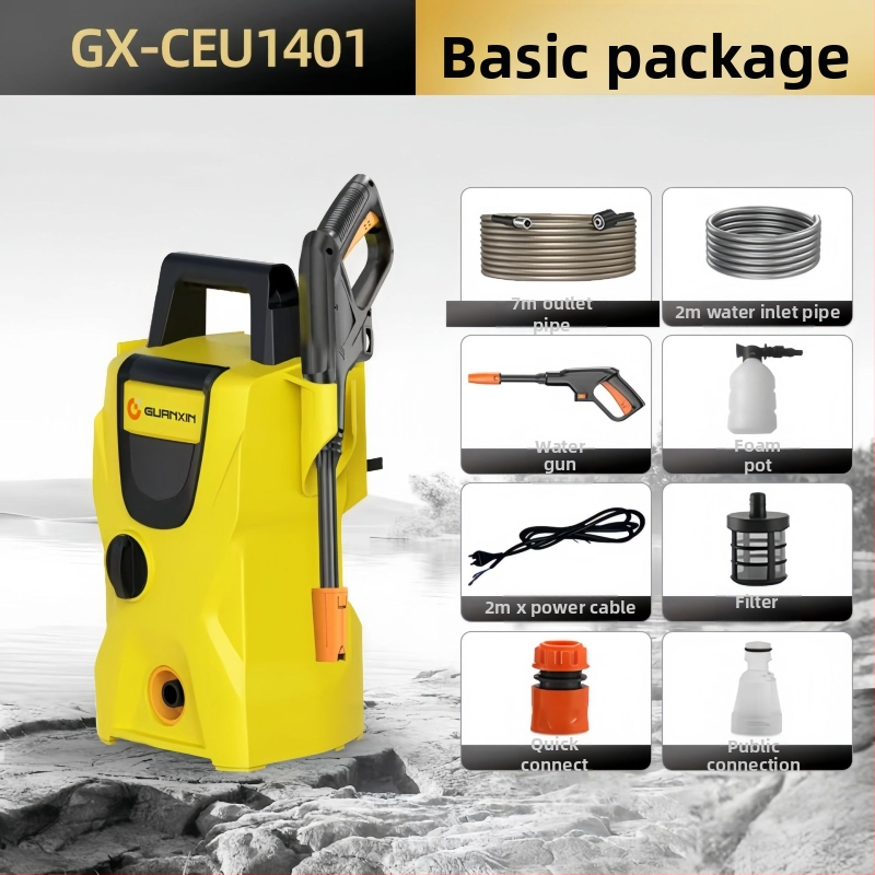 Вертикална 220V автомобилна водоструйка с 1800W, PP корпус, AC мотор, макс. налягане 65 bar, дебит 4-8 л/мин, с четка за промиване