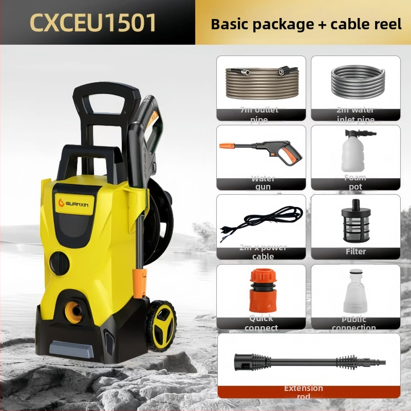 Вертикална 220V автомобилна водоструйка с 1800W, PP корпус, AC мотор, макс. налягане 65 bar, дебит 4-8 л/мин, с четка за промиване