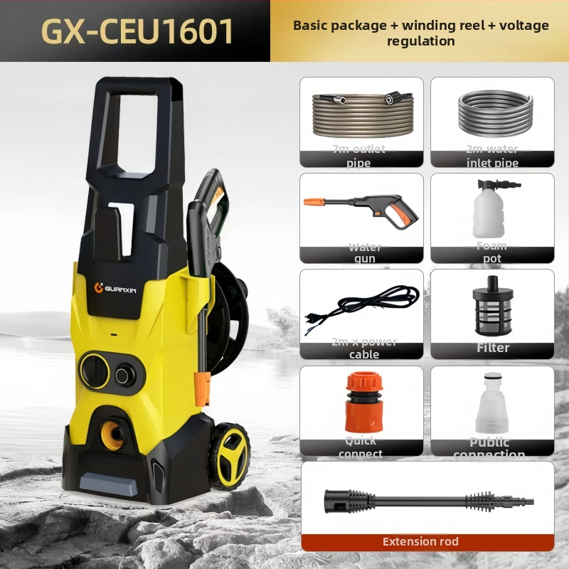 Вертикална 220V автомобилна водоструйка с 1800W, PP корпус, AC мотор, макс. налягане 65 bar, дебит 4-8 л/мин, с четка за промиване