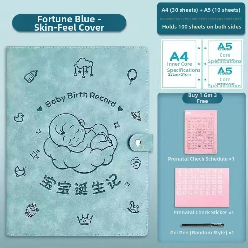 Ādas grāmata grūtnieču uzskaitēm — modelis Sleeping Baby Storage Book; 120 lapas; biezums 1.5; materiāla biezums 0.2; logotipa drukāšana iespējama